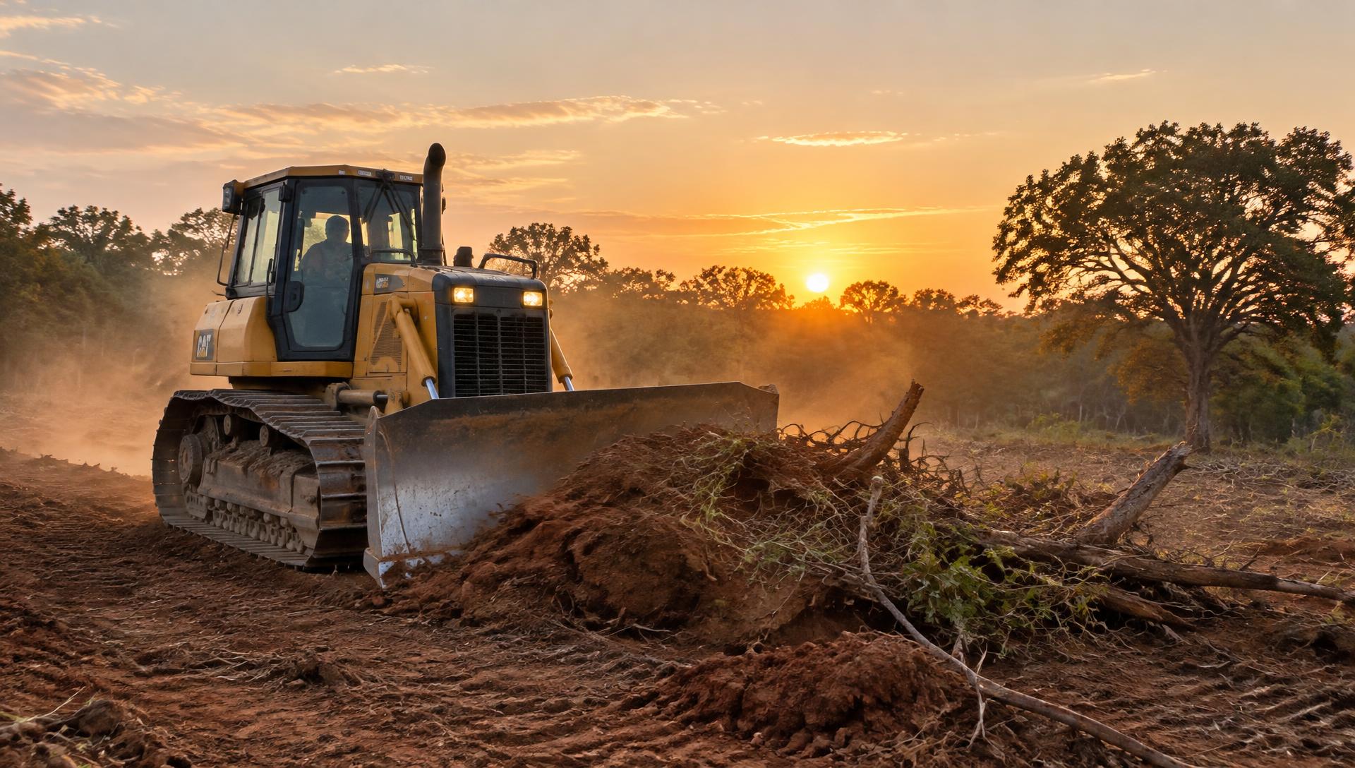 Bulldozer clearing brush and pushing red Oklahoma dirt at sunset